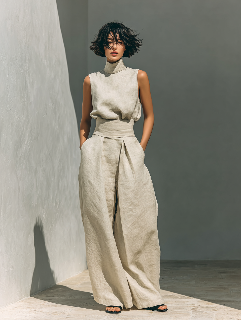 Conjunto de blusa sin mangas y pantalones anchos de algodón y lino