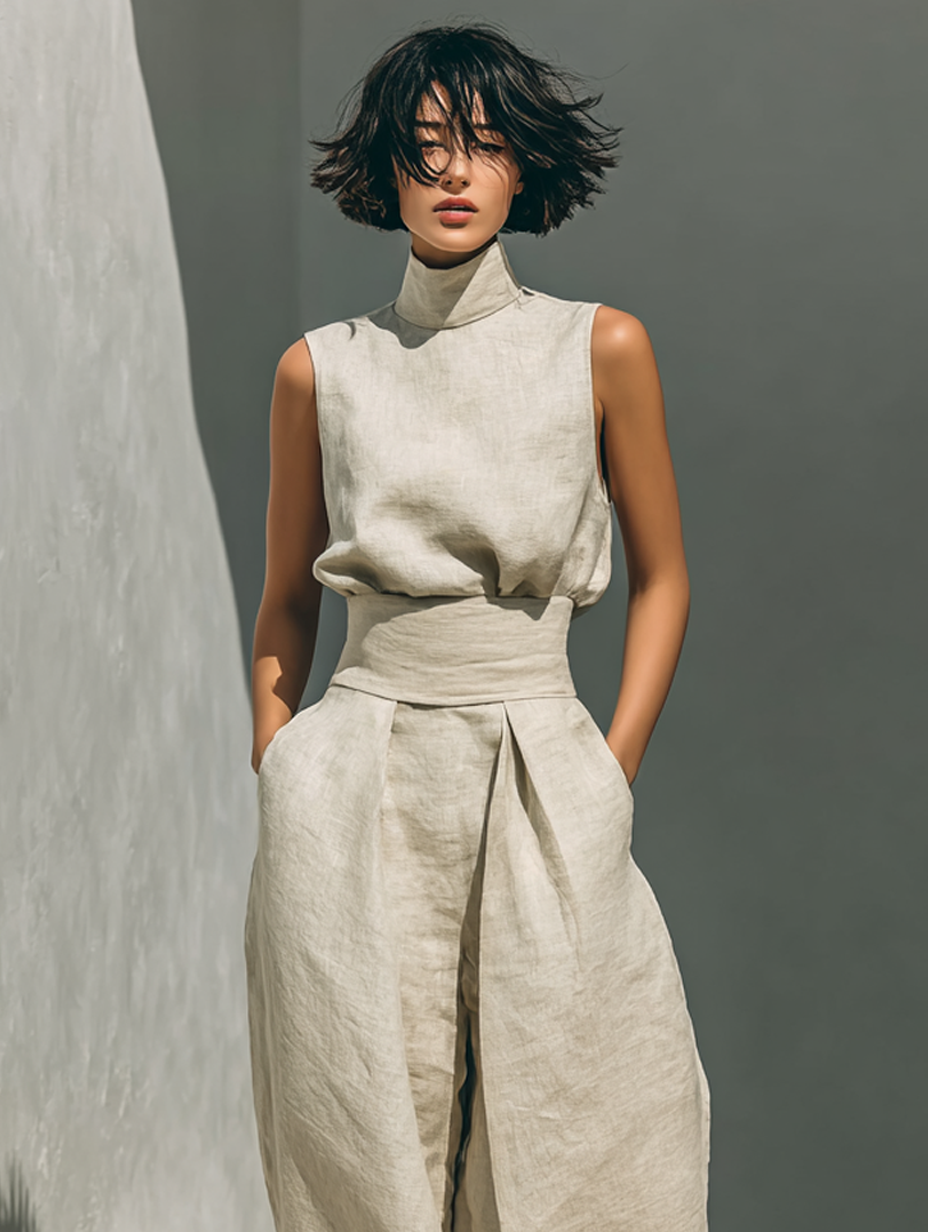 Conjunto de blusa sin mangas y pantalones anchos de algodón y lino