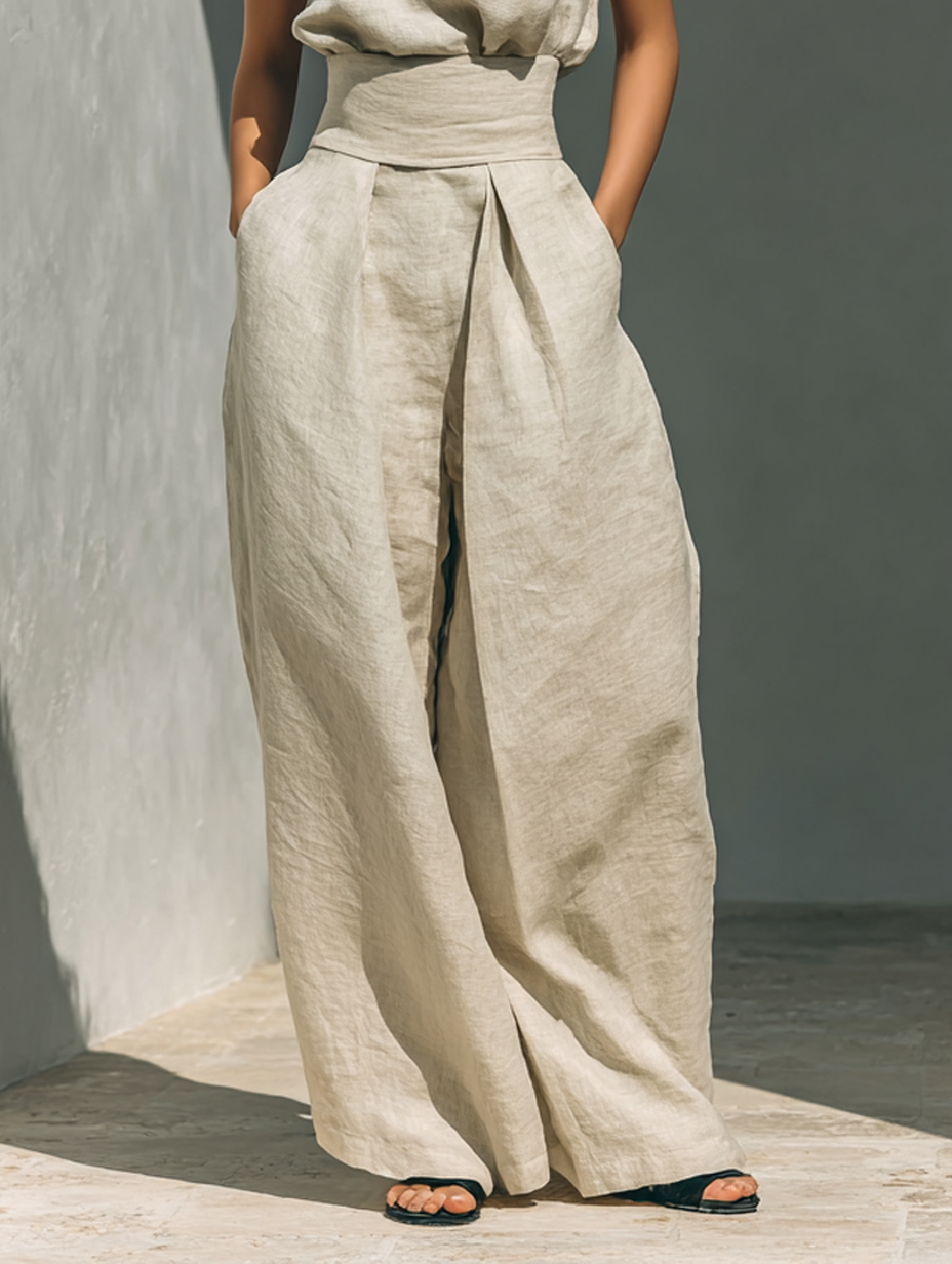 Conjunto de blusa sin mangas y pantalones anchos de algodón y lino