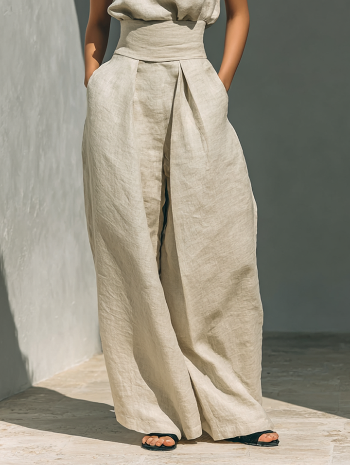 Conjunto de blusa sin mangas y pantalones anchos de algodón y lino