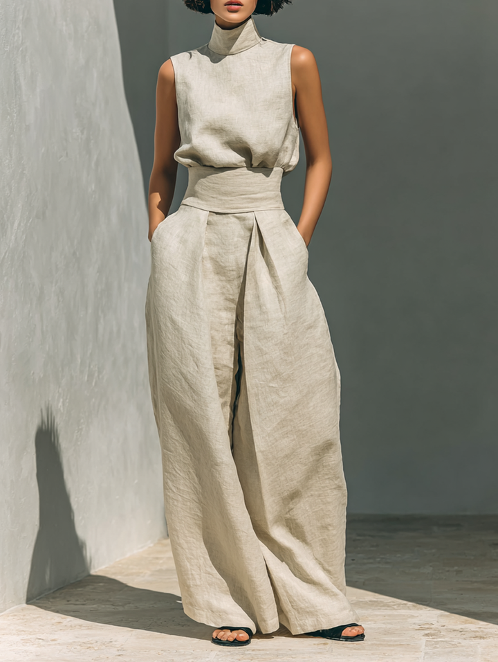 Conjunto de blusa sin mangas y pantalones anchos de algodón y lino