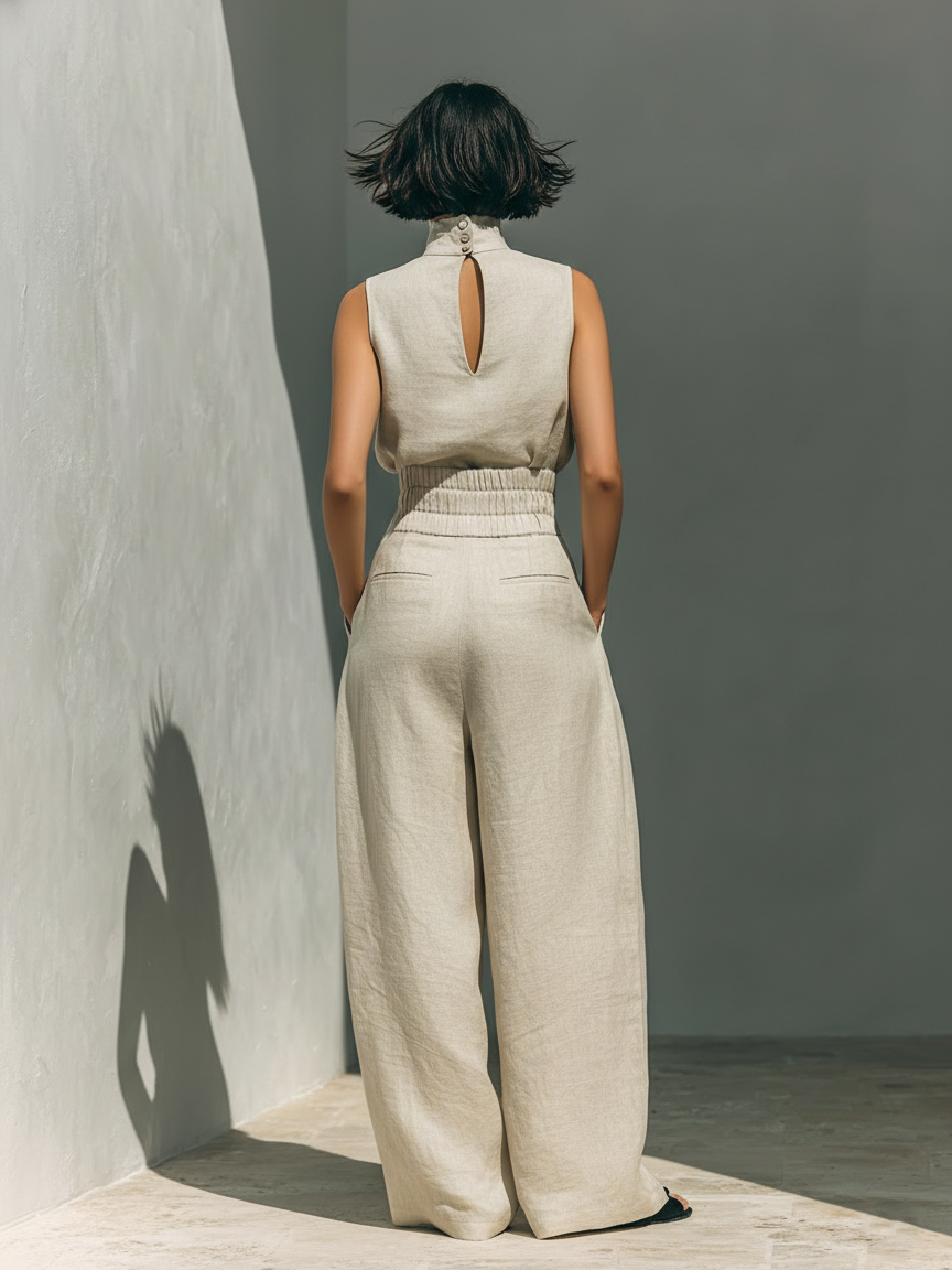 Conjunto de blusa sin mangas y pantalones anchos de algodón y lino
