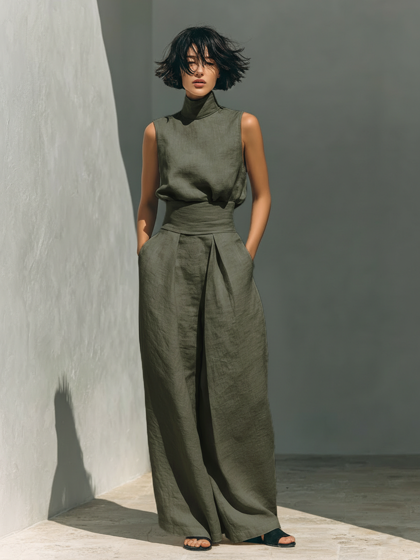 Conjunto de blusa sin mangas y pantalones anchos de algodón y lino
