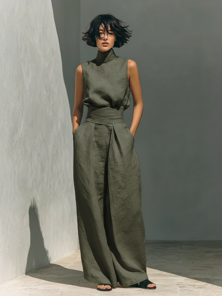 Conjunto de blusa sin mangas y pantalones anchos de algodón y lino