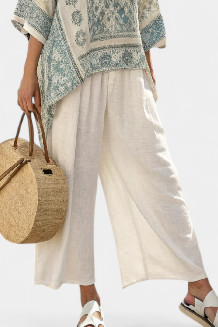 Dana - Blusa estampada cómoda y pantalones blancos de pierna ancha